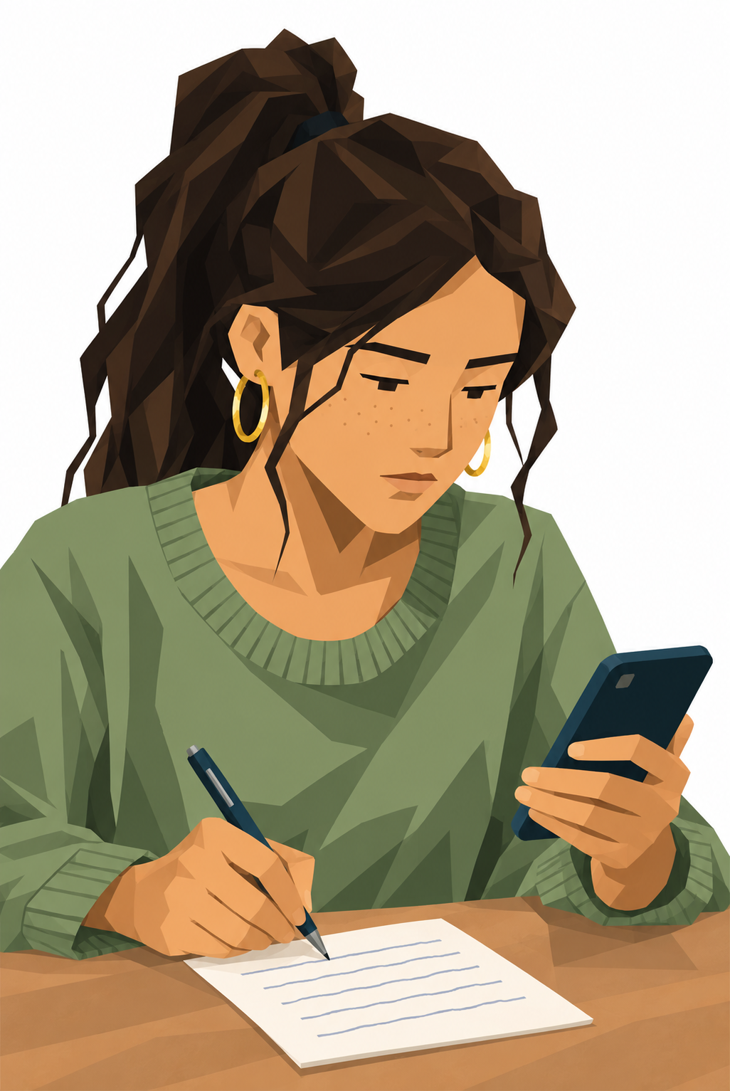 Selin sitzt mit dem Handy in der Hand und rechnet auf einem Zettel