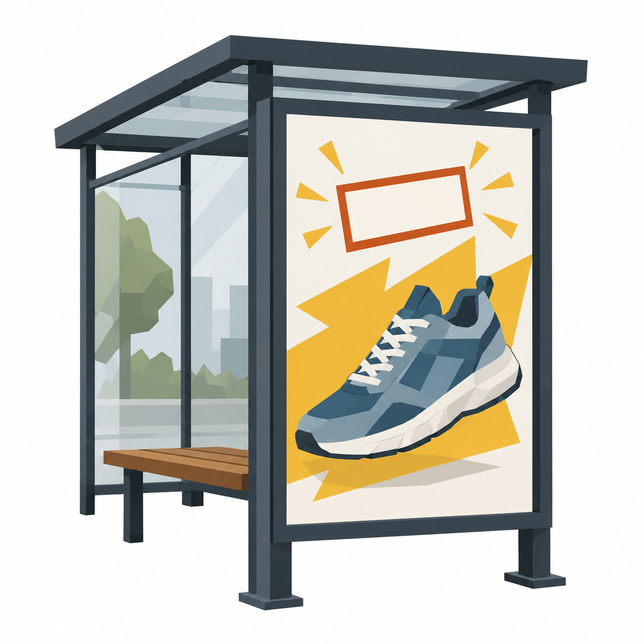 Ein großes Plakat an der Bushaltestelle zeigt einen Schuh und einen leeren Preisrahmen