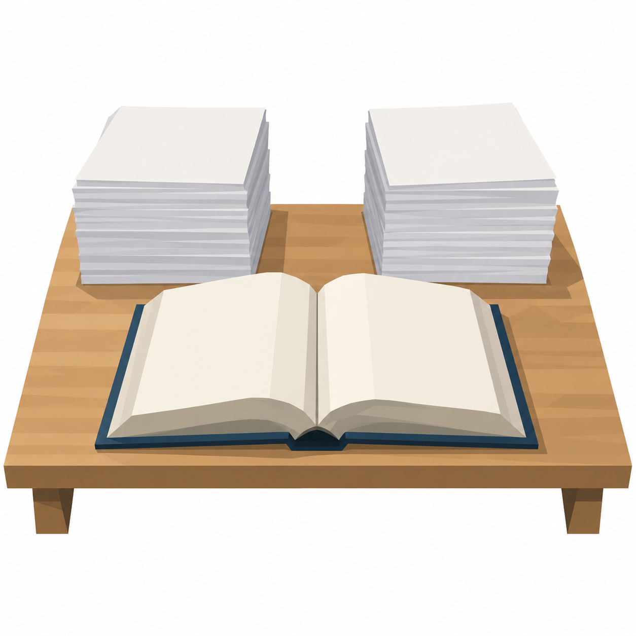Ein aufgeschlagenes Buch liegt auf einem Tisch, daneben stehen zwei gleich hohe Stapel Papier