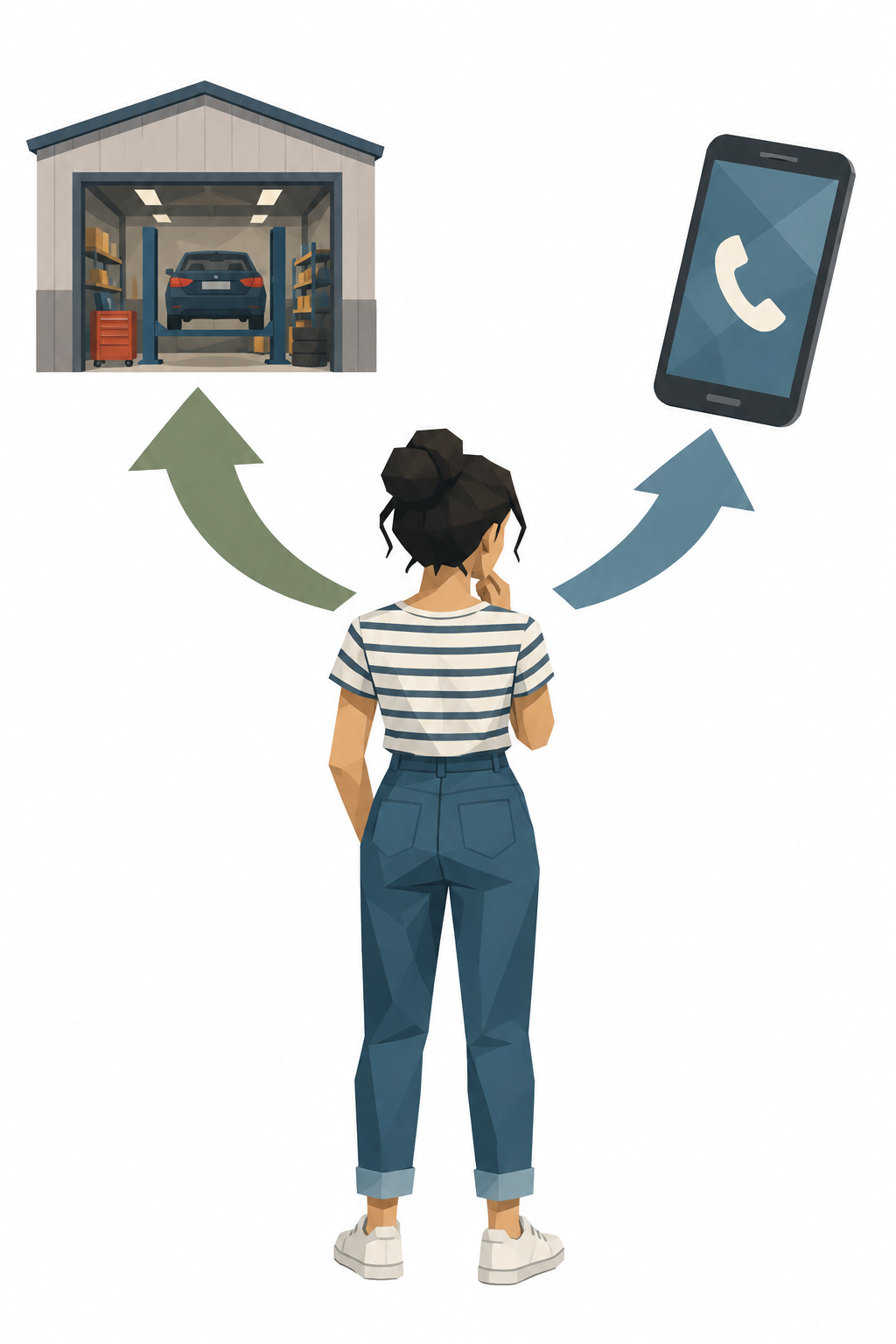 Eine Person steht vor zwei Pfeilen, einer zeigt auf eine Werkstatt, einer auf ein Telefon