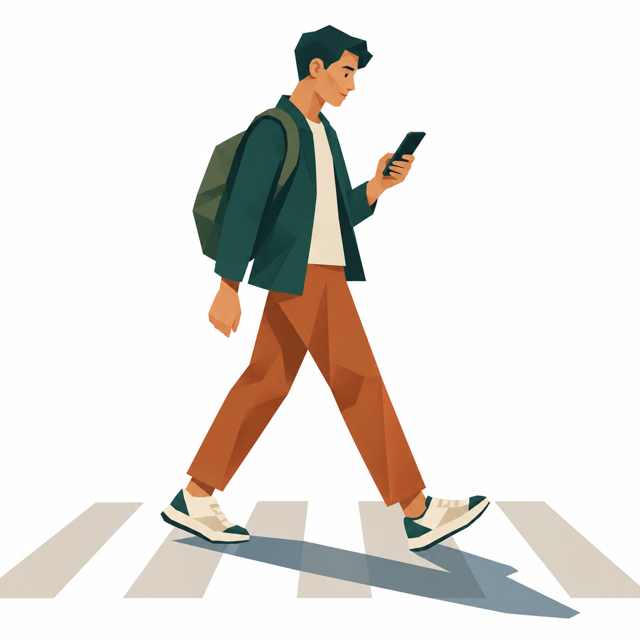 Eine Person geht über die Straße und tippt auf einem Handy (dasselbe Bild wie die Wortkarte)