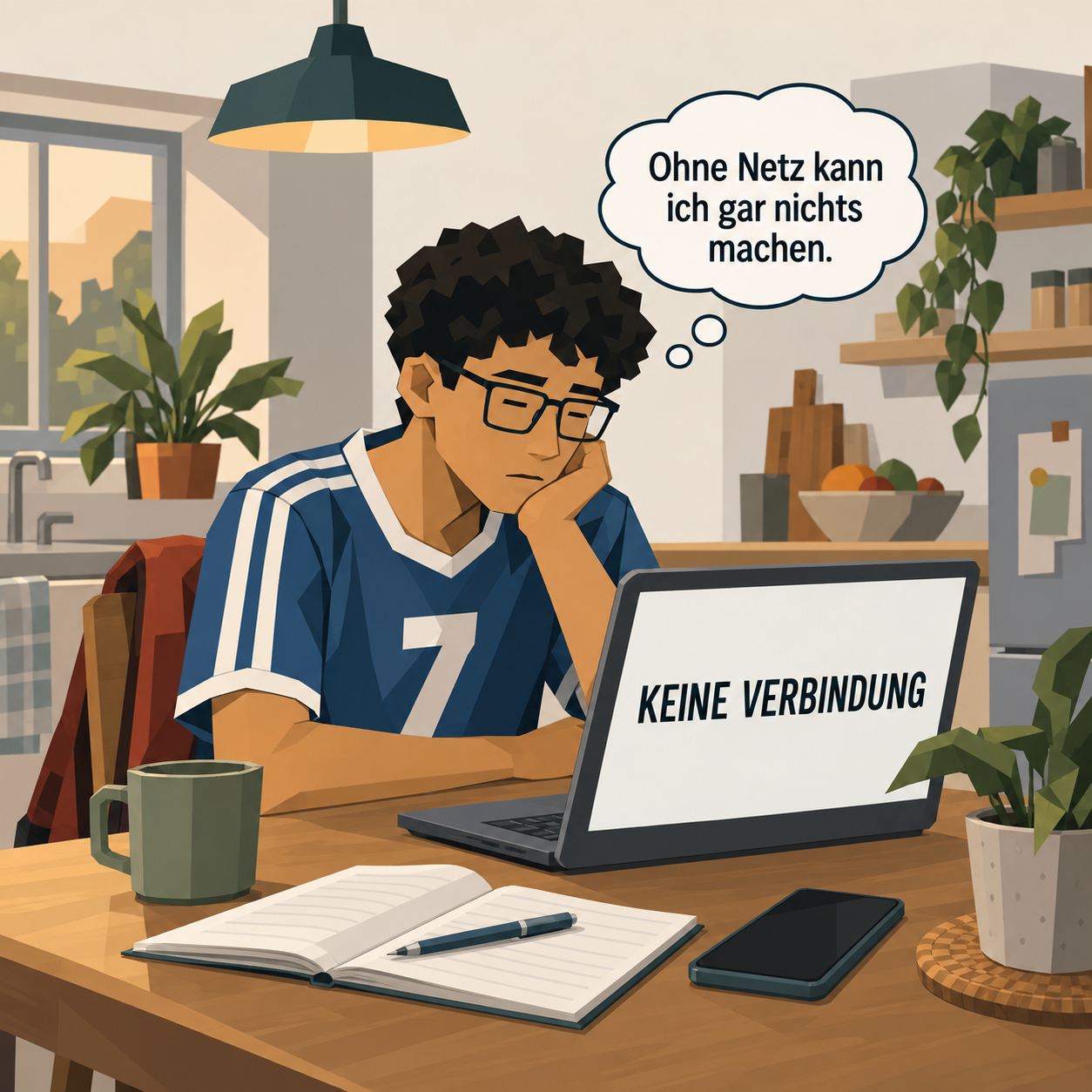 Omar sitzt in der Küche am Tisch vor einem aufgeklappten Laptop ohne Verbindung und stützt das Kinn in die Hand, daneben Handy und Schulheft